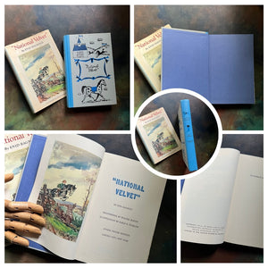 A collage of Junior Deluxe Edition books showing the cover, inside cover, spine, title page and copyright page of the book, National Velvet, written by Enid Bagnold - vintage children's classic literature books-collectible children's books-rainbow book spines