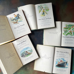 New Basic Readers Book Set-Dick and Jane Vintage School Books-Our New Friends-Streets and Roads-Times and Places-People and Progress-view of the title pages