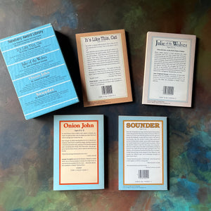 Newbery Award Library Book Set-It's Like This, Cat-Julie of the Wolves-Sounder-Onion John-vintage children's chapter books-view of the back covers