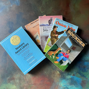 Newbery Award Library Book Set-It's Like This, Cat-Julie of the Wolves-Sounder-Onion John-vintage children's chapter books-view of the front covers with the book sleeve/box