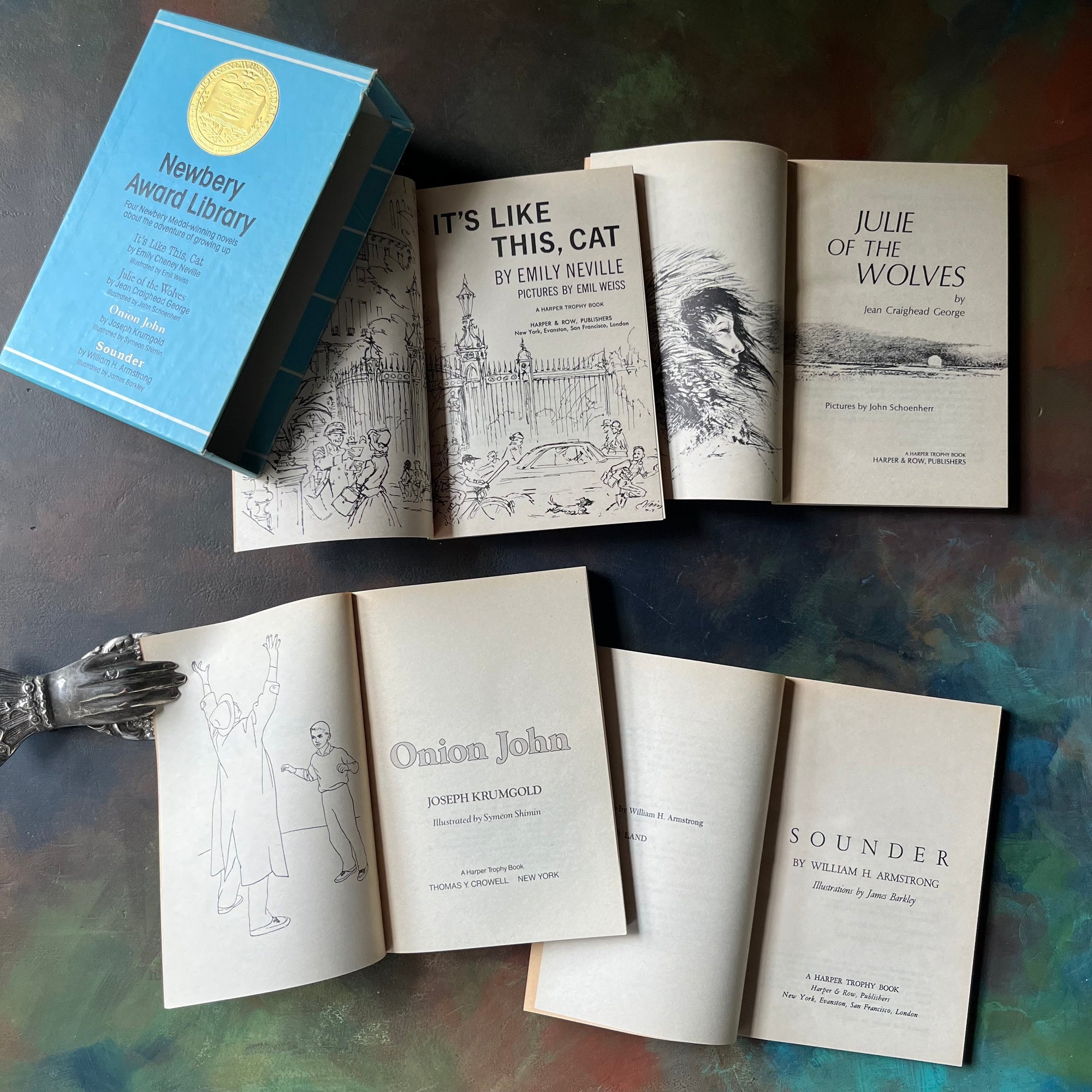 Newbery Award Library Book Set-It's Like This, Cat-Julie of the Wolves-Sounder-Onion John-vintage children's chapter books-view of the title pages