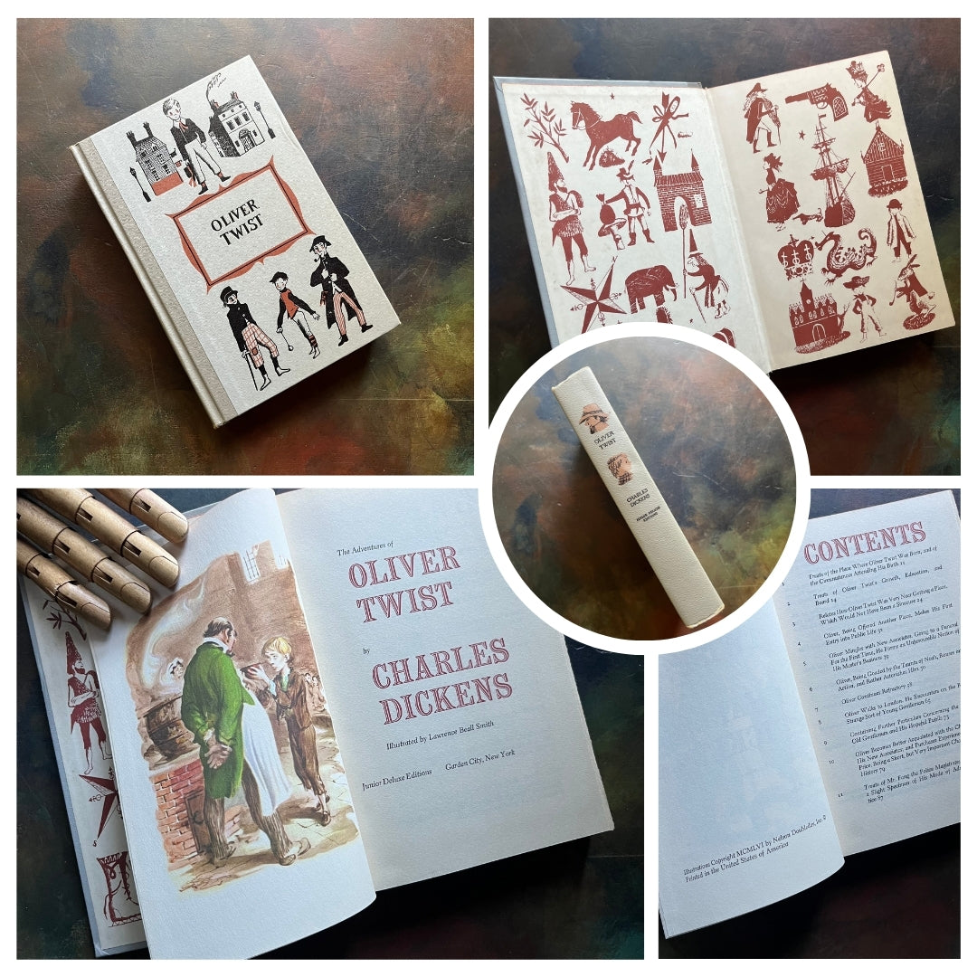 A collage of Junior Deluxe Edition books showing the cover, inside cover, spine, title page and copyright page of the book, Oliver Twist, written by Charles Dickens - vintage children's classic literature books-collectible children's books-rainbow book spines