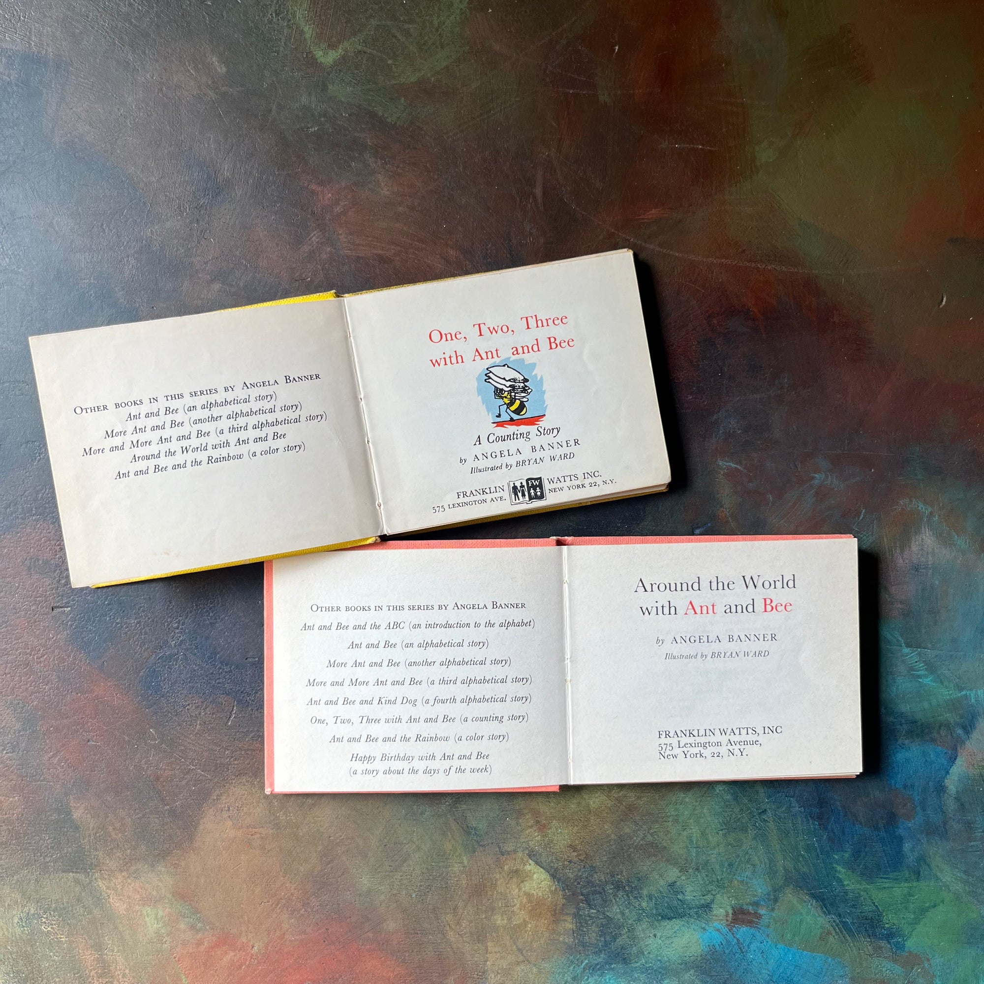 One, Two, Three with Ant and Bee and Around the World with Ant and Bee-Angela Banner Book Set-Vintage children's picture books-view of the title pages