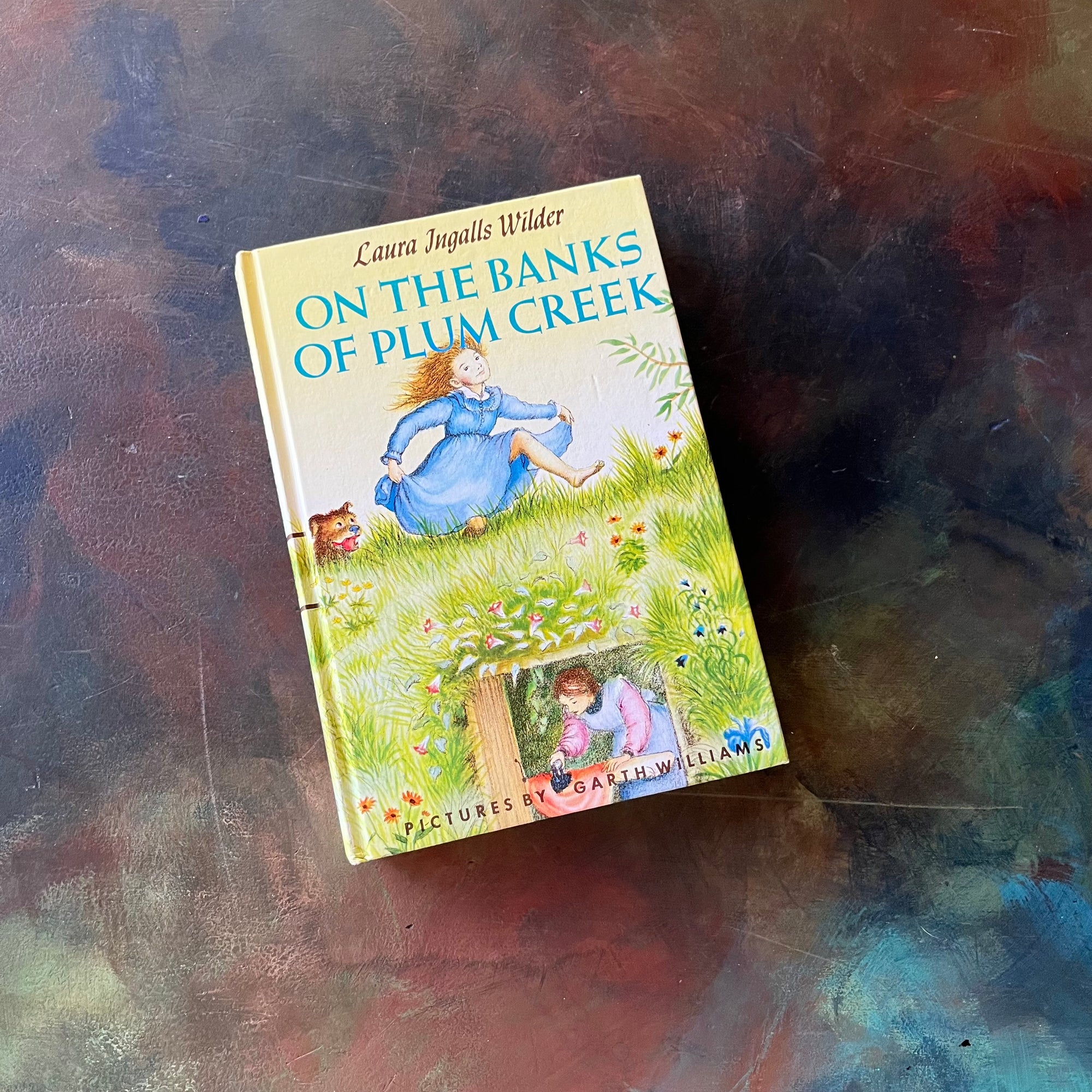 On the Banks of Plum Creek written by Laura Ingalls Wilder with illustrations by Garth Williams. This is a 1953 Edition by Harper & Row Publishers, New York & Evanston.  It was a 1938 Newbery Honor Book. 
 It is a vintage children's chapter book & living book.  View of the front cover.