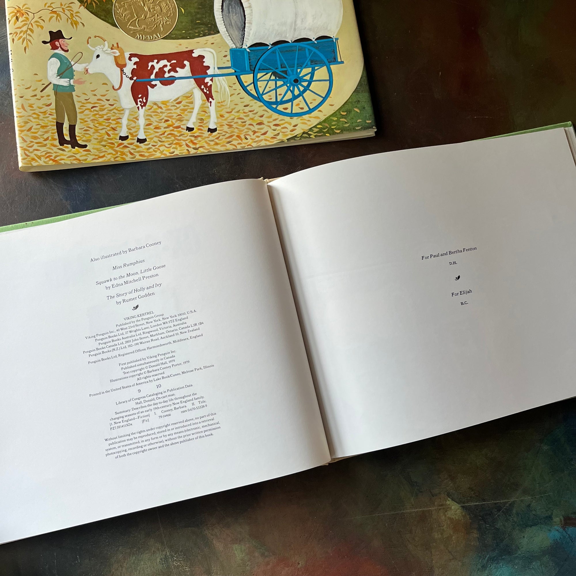 Ox-Cart Man written by Donald Hall with illustrations by Barbara Cooney-vintage children's picture book-1980 Caldecott Medal Winner-view of the copyright & dedication pages