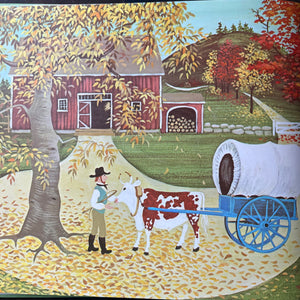 Ox-Cart Man written by Donald Hall with illustrations by Barbara Cooney-vintage children's picture book-1980 Caldecott Medal Winner-view of the closeup of the cover image taken from inside the book
