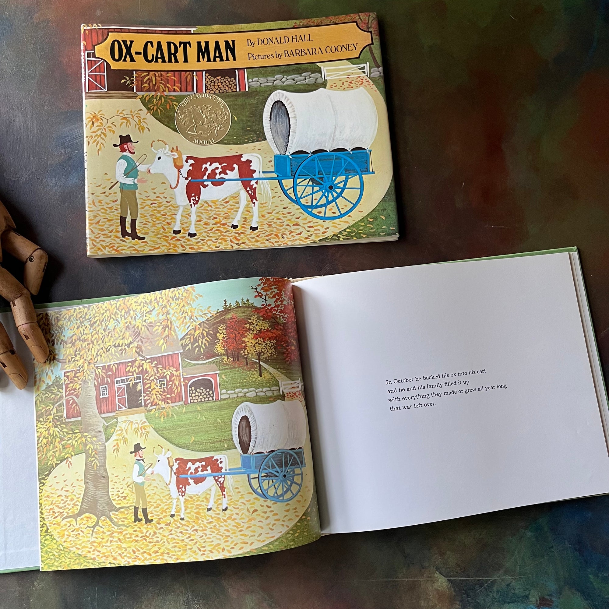 Ox-Cart Man written by Donald Hall with illustrations by Barbara Cooney-vintage children's picture book-1980 Caldecott Medal Winner-view of the first illustration of the book - the most iconic from the book - this illustration was also used as the cover page image