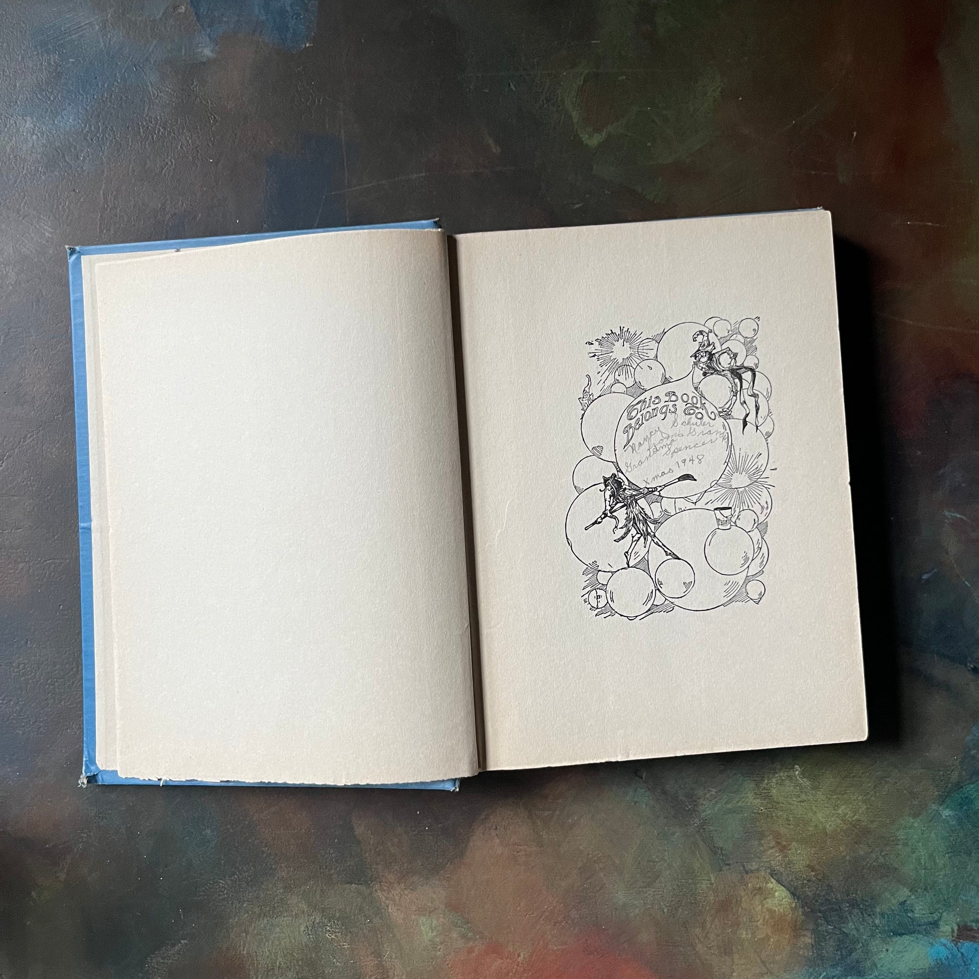 Ozma of Oz-L. Frank Baum-Wizard of Oz Book Series-vintage children's chapter book-vintage children's fiction-view of the "this book belongs to" page with names written in pencil as well as the date of 1948