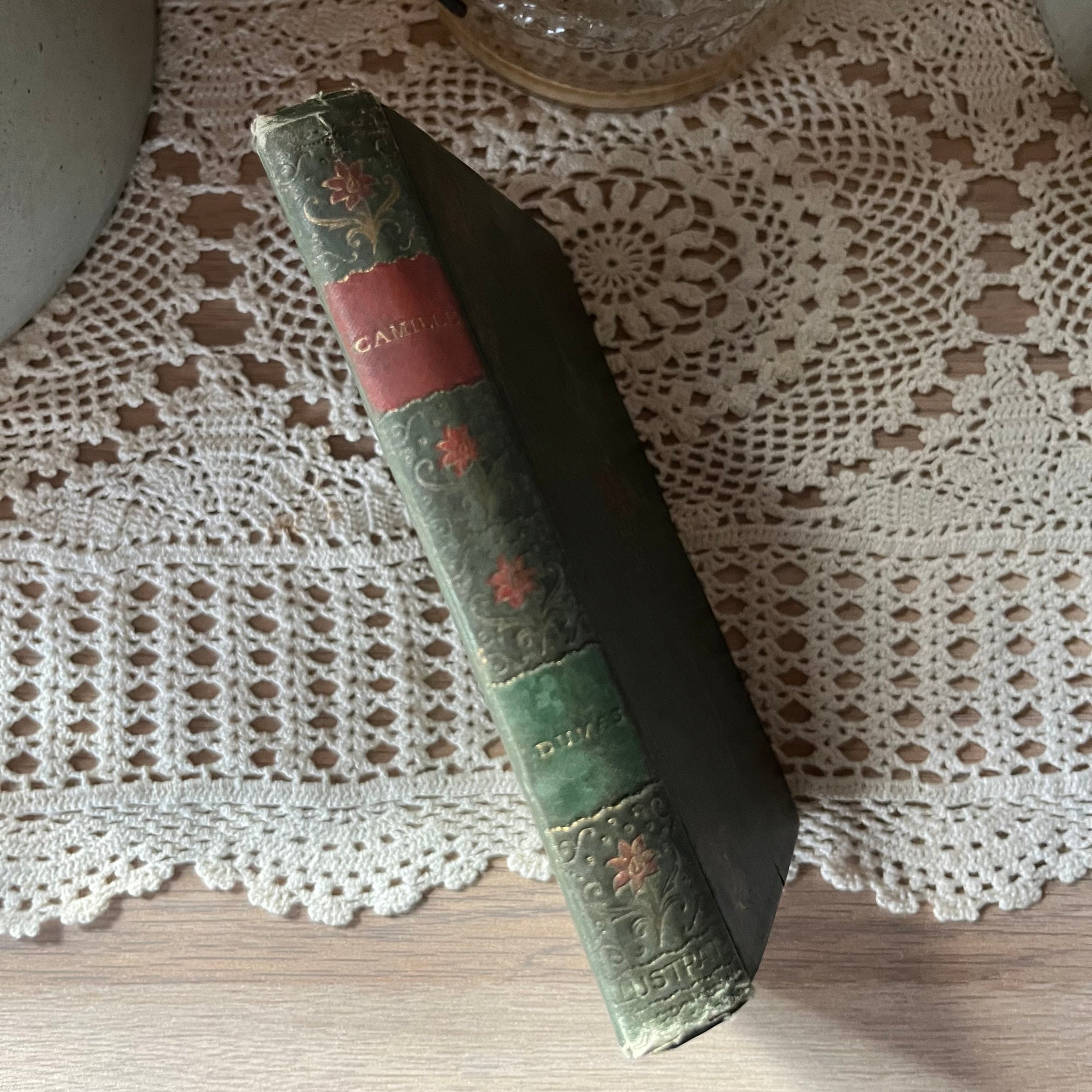 Pair of Floral, Antique Books by Henry Altemus Publishing-Pocket Sized Books-Camille by Alexandre Dumas Jr.-Childe Harold's Pilgrimage by Lord Byron-view of the spine