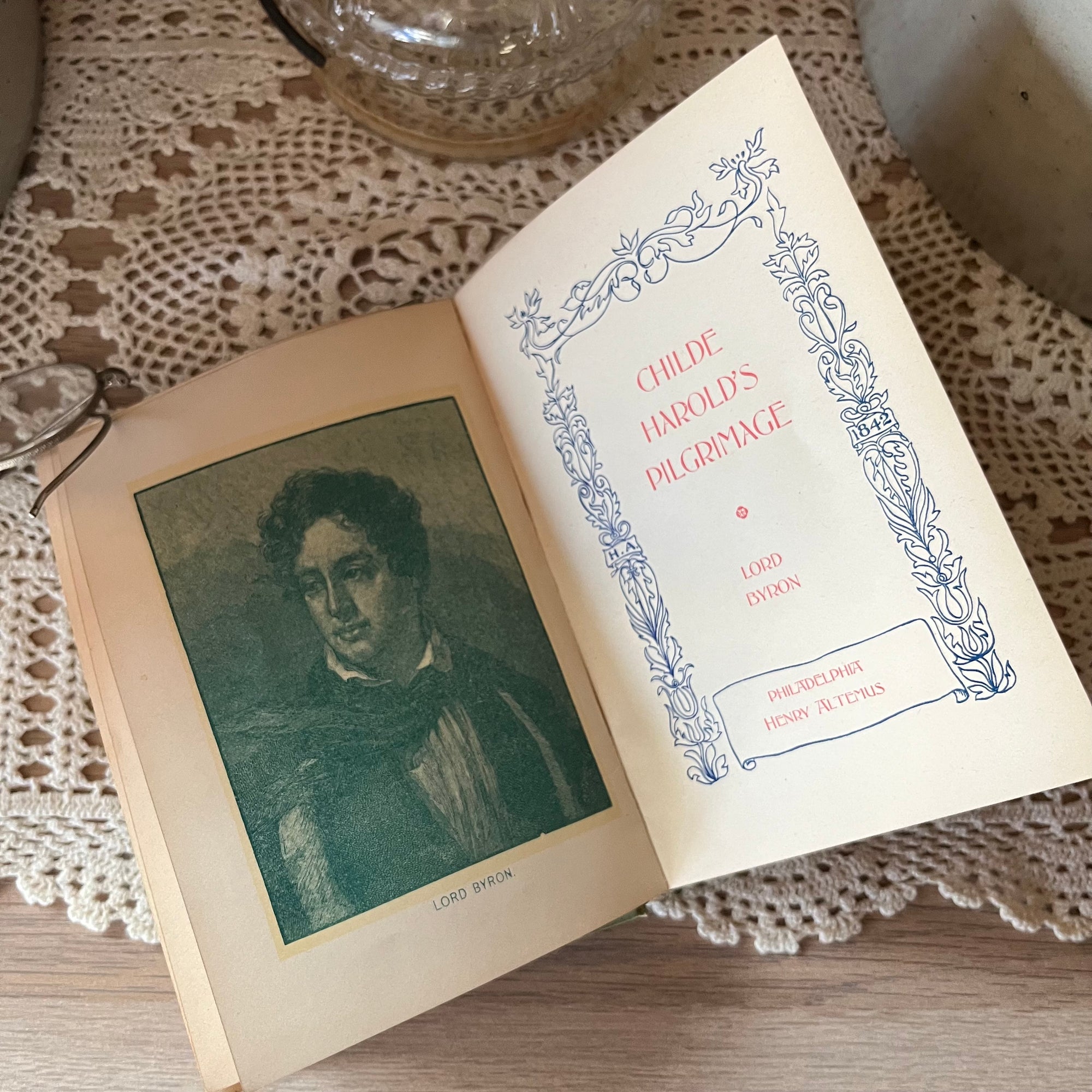 Pair of Floral, Antique Books by Henry Altemus Publishing-Pocket Sized Books-Camille by Alexandre Dumas Jr.-Childe Harold's Pilgrimage by Lord Byron-view of the title page