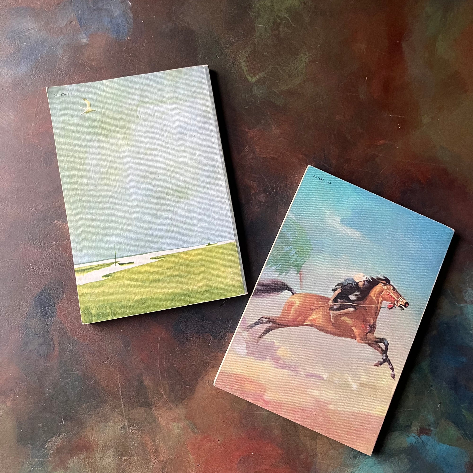 Pair of Margeurite Henry Horse Books-Misty of Chincoteague-King of the Wind-Newbery Award Book-vintage children's horse stories-view of the back covers.