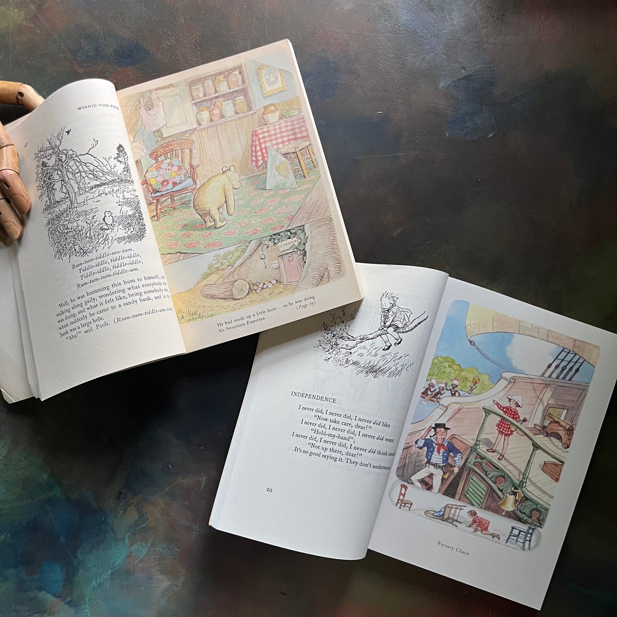 Pair of A. A. Milne Books-The World of Pooh and The World of Christopher Robin-short stories for children-poetry-illustrated by E. H. Shepard-view of the color illustrations