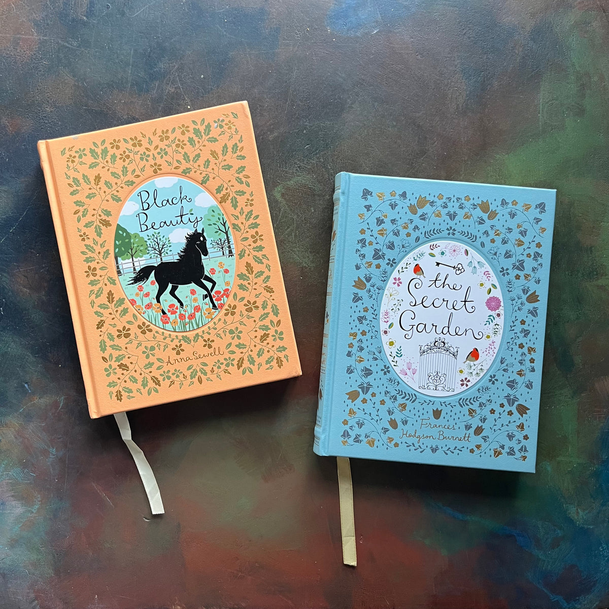 Pair of Barnes & Noble Leather-Bound Editions-Black Beauty by Anna Sewell-The Secret Garden-Frances Hodgson Burnett-classic children's literature-view of the front covers