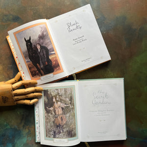 Pair of Barnes & Noble Leather-Bound Editions-Black Beauty by Anna Sewell-The Secret Garden-Frances Hodgson Burnett-classic children's literature-view of the title pages
