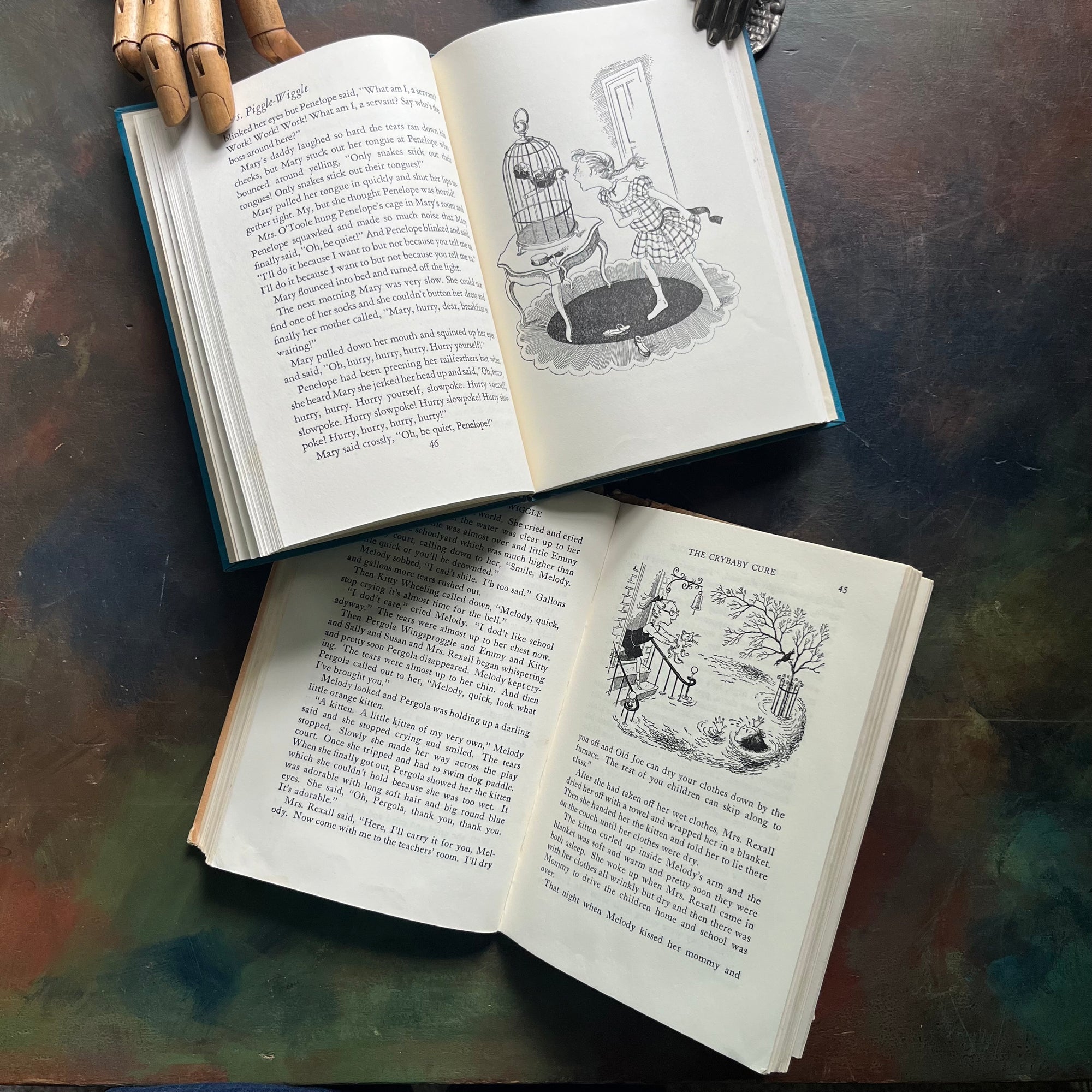 Pair of Betty MacDonald Books-Mrs. Piggle-Wiggle and Hello, Mrs. Piggle-Wiggle-illustrated by Hilary Knight-family read aloud classic children's books-vintage chapter books-humorous children's books-view of the illustrations