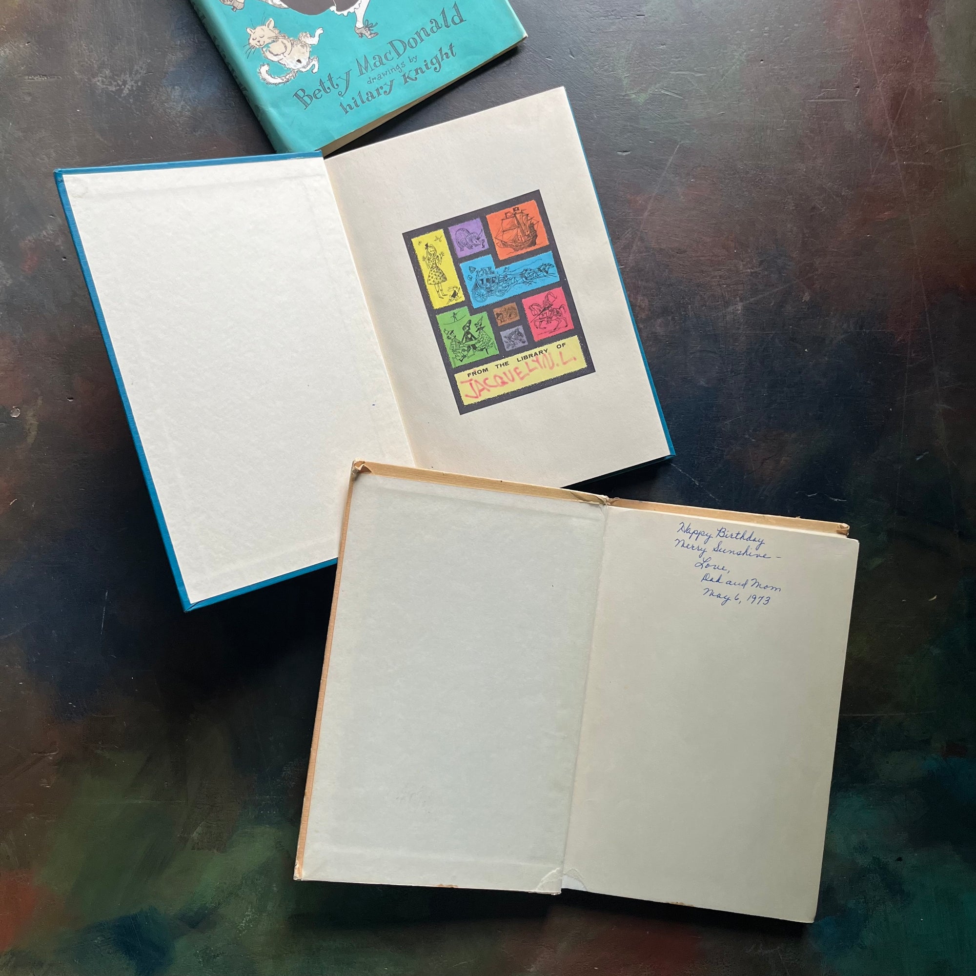 Pair of Betty MacDonald Books-Mrs. Piggle-Wiggle and Hello, Mrs. Piggle-Wiggle-illustrated by Hilary Knight-family read aloud classic children's books-vintage chapter books-humorous children's books-view of the inside covers note the inscription and book plate in each