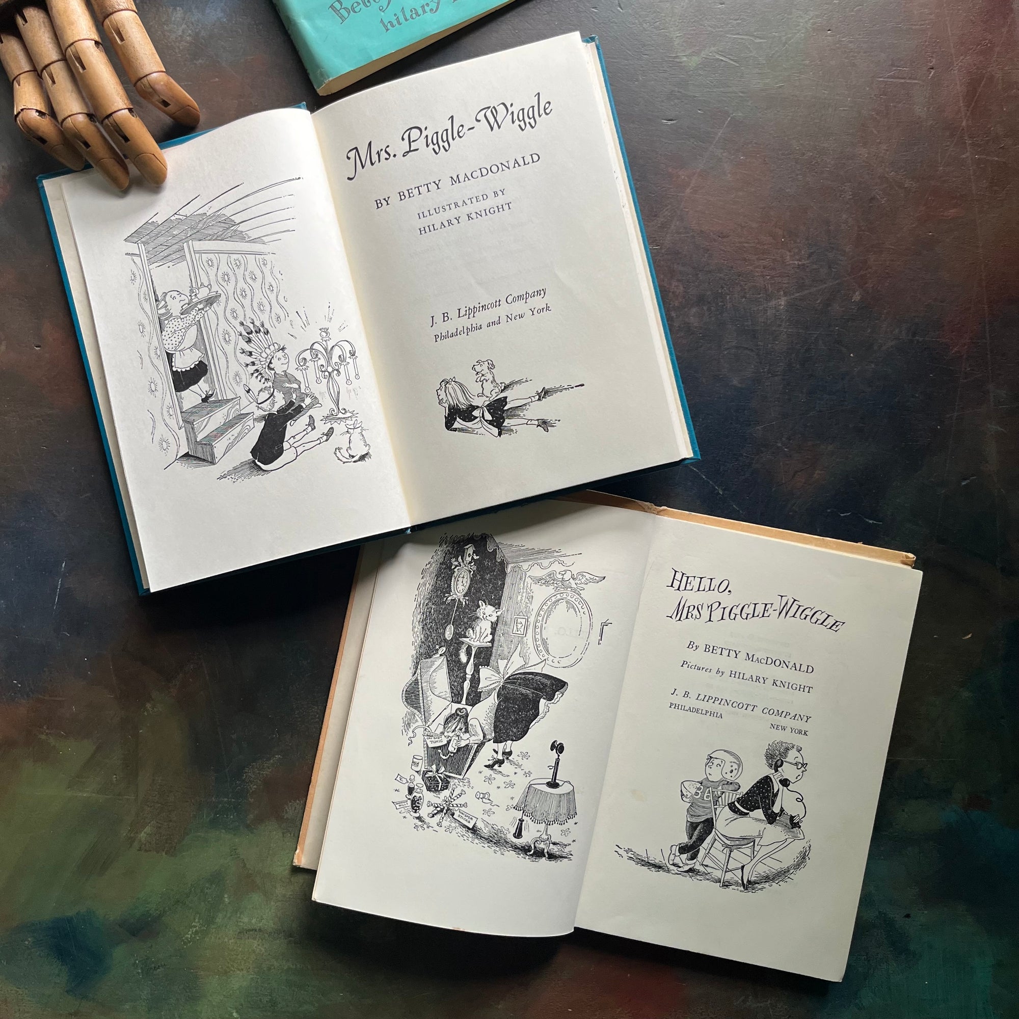 Pair of Betty MacDonald Books-Mrs. Piggle-Wiggle and Hello, Mrs. Piggle-Wiggle-illustrated by Hilary Knight-family read aloud classic children's books-vintage chapter books-humorous children's books-view of the title pages & frontispieces