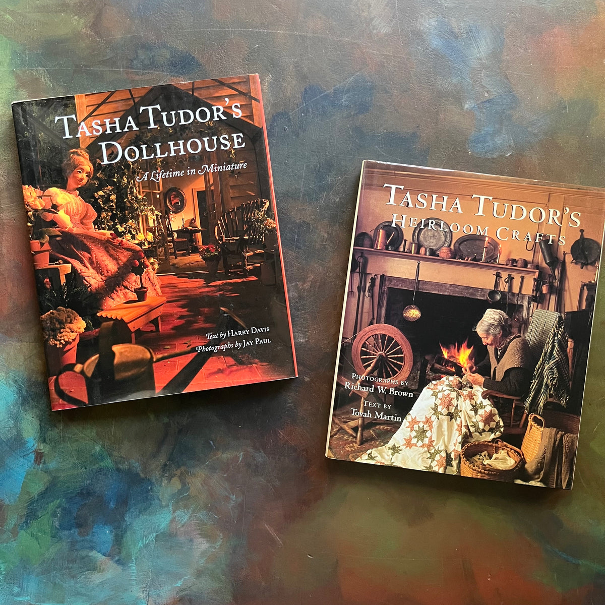Pair of Books About Tasha Tudor-Tasha Tudor's Dollhouse A Lifetime in Miniature-Tasha Tudor's Heirloom Crafts-vintage books-Tasha Tudor Autograph-view of the dust jacket covers with photographs