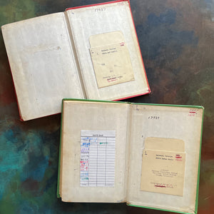 Pair of Carolyn Haywood Children's Chapter Books-Eddie Makes Music and Eddie and Louella-Wholesome Stories-Read Aloud Favorites-view of the back, inside covers showing the library pockets