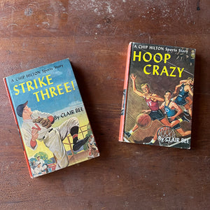 Pair of Chip Hilton Sports Story by Clair Bee-#3 Strike Three and #5 Hoop Crazy-vintage children's chapter sports books-view of the colorful front covers with illustrations from each book