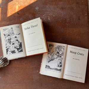 Pair of Chip Hilton Sports Story by Clair Bee-#3 Strike Three and #5 Hoop Crazy-vintage children's chapter sports books-view of the titles