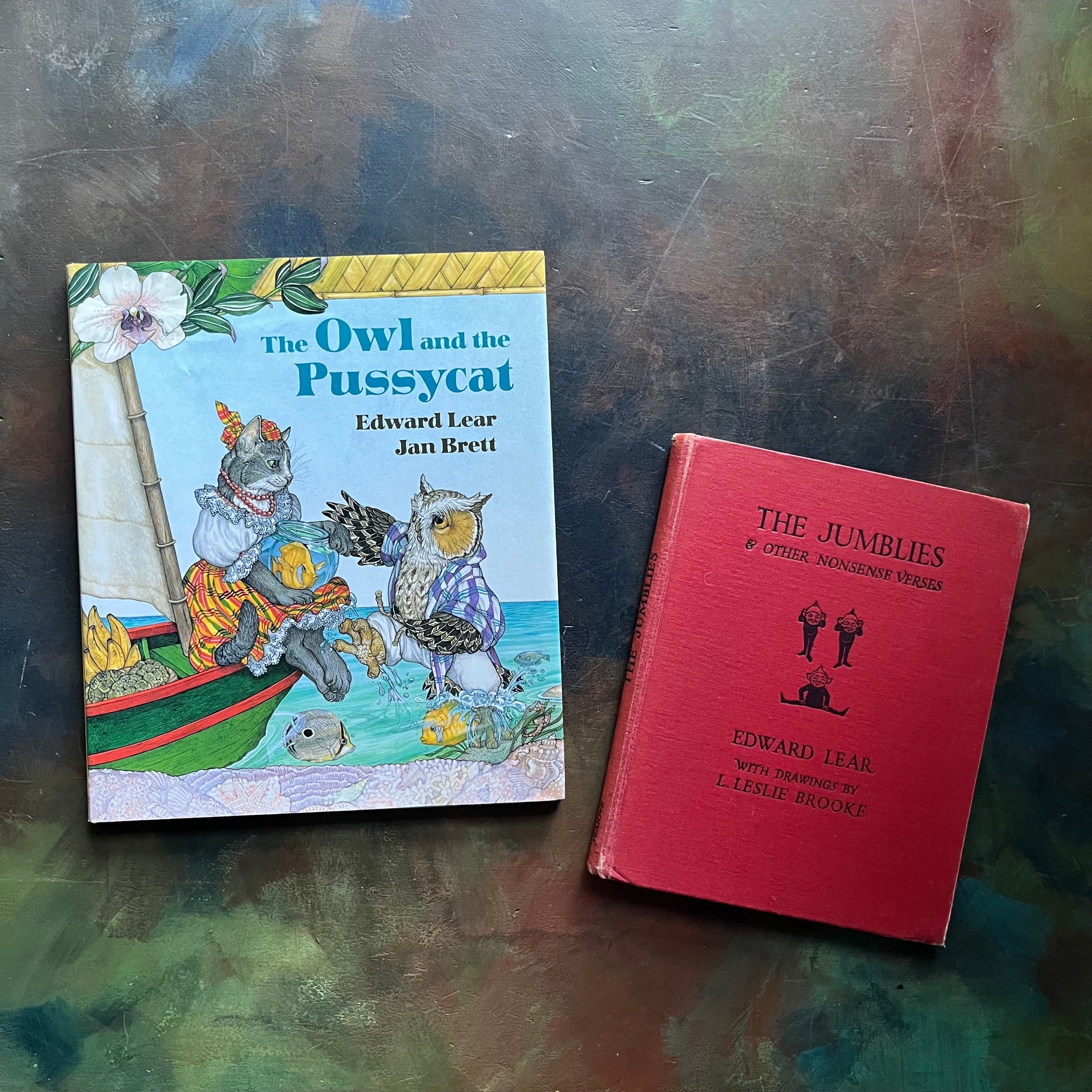 Pair of Edward Lear Poetry Books-The Jumblies and Other Nonsense Verses-The Owl and the Pussycat-vintage poetry for children-view of the front covers showing the dust jacket's cover of The Owl and the Pussycat