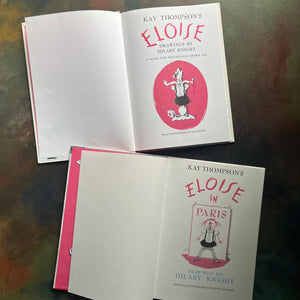 Pair of Eloise Books written by Kay Thompson-Eloise-Eloise in Paris-with illustrations by Hilary Knight-vintage children's picture books-view of the title pages