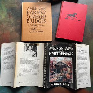 Pair of Eric Sloane American History Books-Eric Sloane's Almanac and Weather Forecaster and American Barns and Covered Bridges-Colonial America-America250-view of the dust jacket - note the wear around the edges
