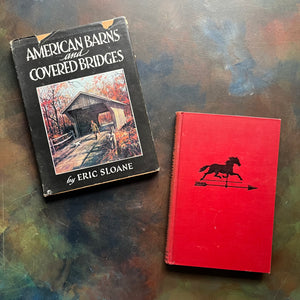 Pair of Eric Sloane American History Books-Eric Sloane's Almanac and Weather Forecaster and American Barns and Covered Bridges-Colonial America-America250-view of the front covers with dust jacket noted on  American Barns and Covered Bridges