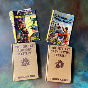 Pair of Hardy Boys Mysteries written by Franklin W. Dixon-The Great Airport Mystery-The Mystery of the Flying Express-vintage children's mysteries-view of the front covers