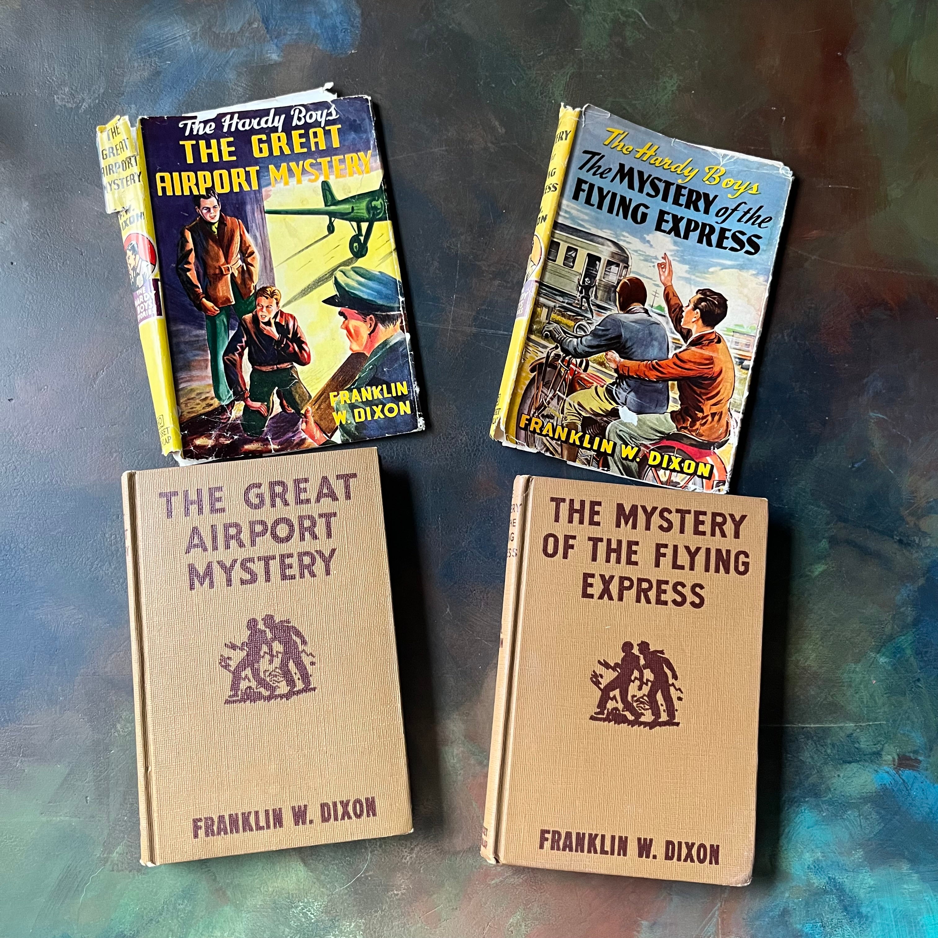 Pair of Hardy Boys Mysteries written by Franklin W. Dixon-The Great Airport Mystery-The Mystery of the Flying Express-vintage children's mysteries-view of the front covers