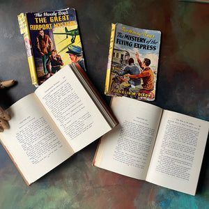 Pair of Hardy Boys Mysteries written by Franklin W. Dixon-The Great Airport Mystery-The Mystery of the Flying Express-vintage children's mysteries-view of the inside content