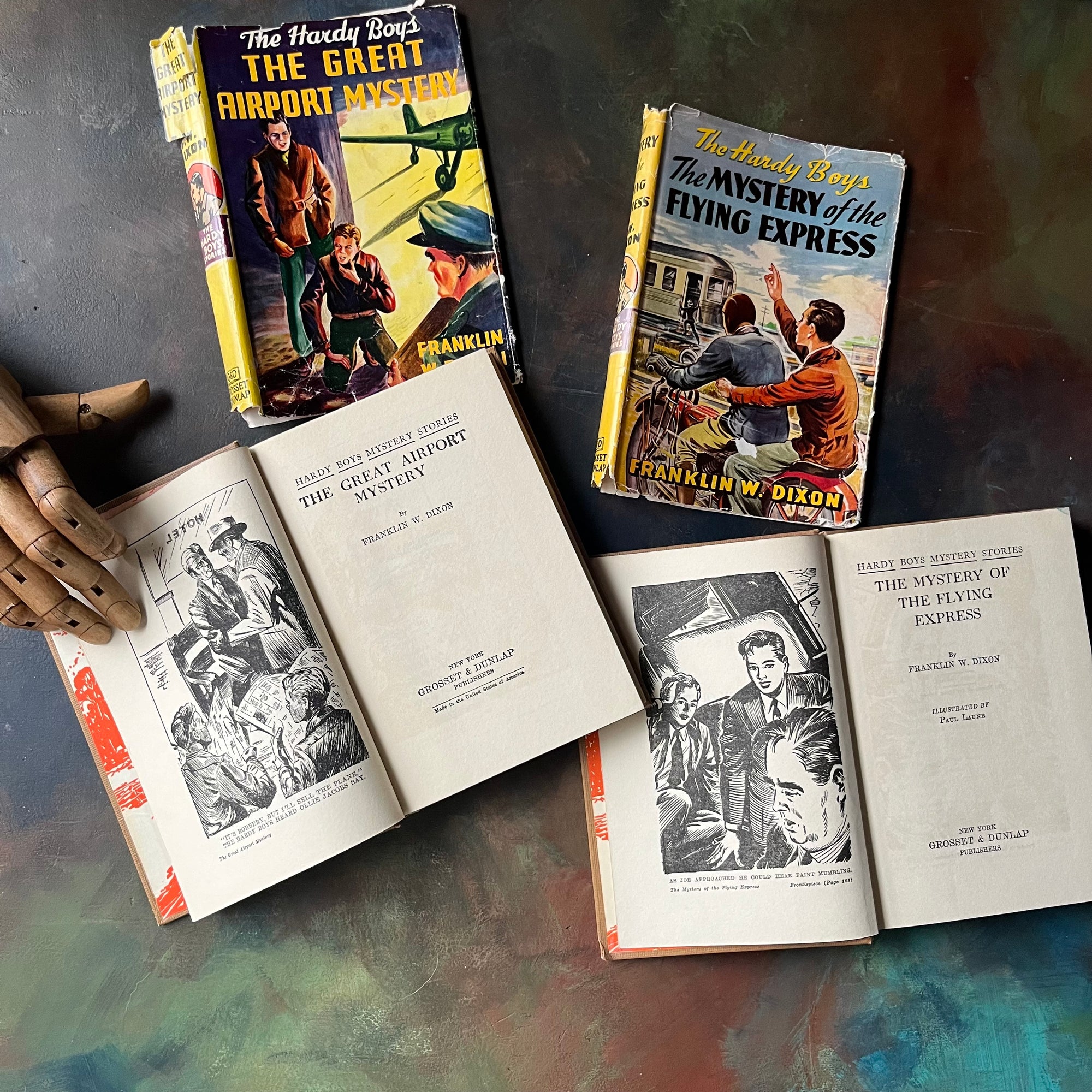 Pair of Hardy Boys Mysteries written by Franklin W. Dixon-The Great Airport Mystery-The Mystery of the Flying Express-vintage children's mysteries-view of the title page with frontispieces