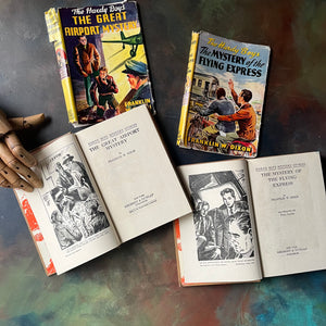 Pair of Hardy Boys Mysteries written by Franklin W. Dixon-The Great Airport Mystery-The Mystery of the Flying Express-vintage children's mysteries-view of the title page with frontispieces