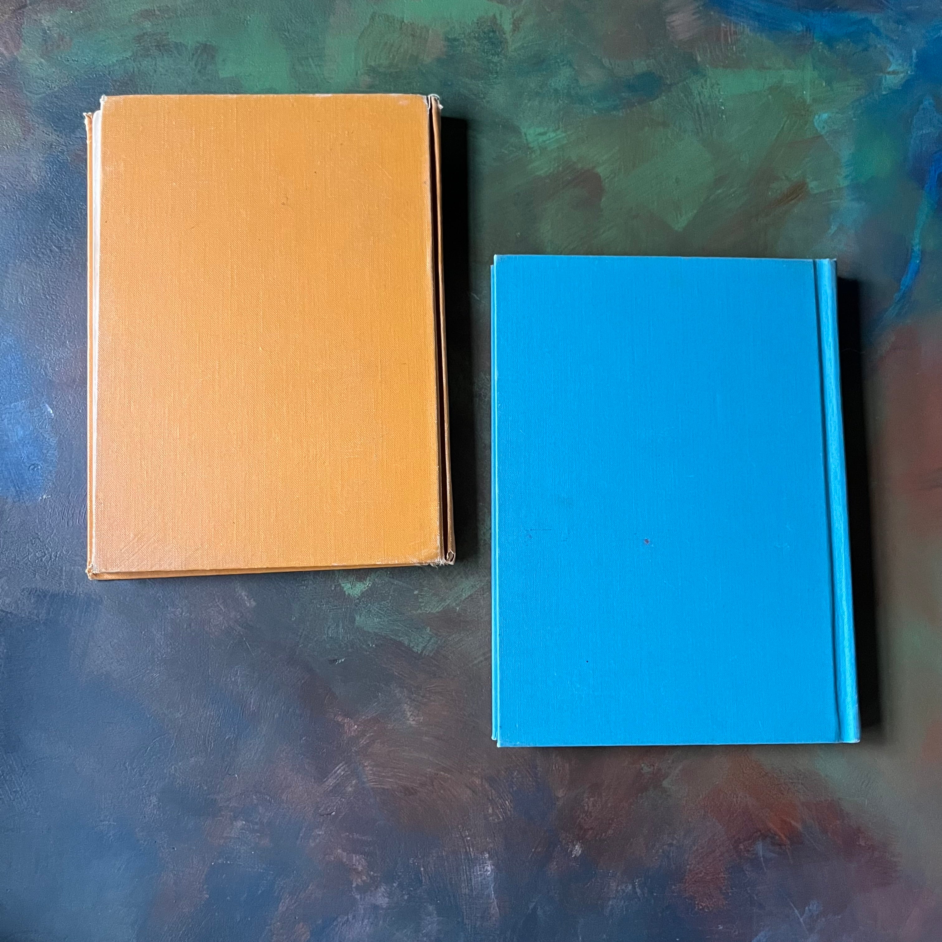 Pair of Health & Personal Development Curriculum Series-Good Times with Our Friends & Five in the Family-vintage schoolbooks-view of the back covers in solid orange and solid blue