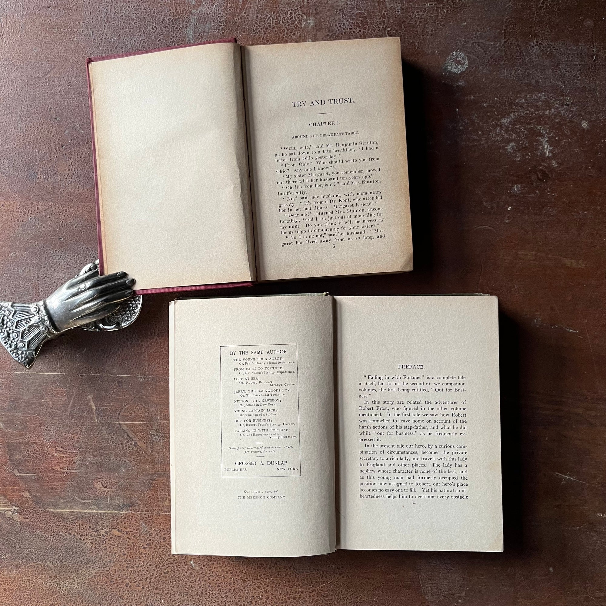 Pair of vintage children's chapter books written by Horatio Alger, Jr.:  Try & Trust & Falling in with Fortune - view of the copyrights