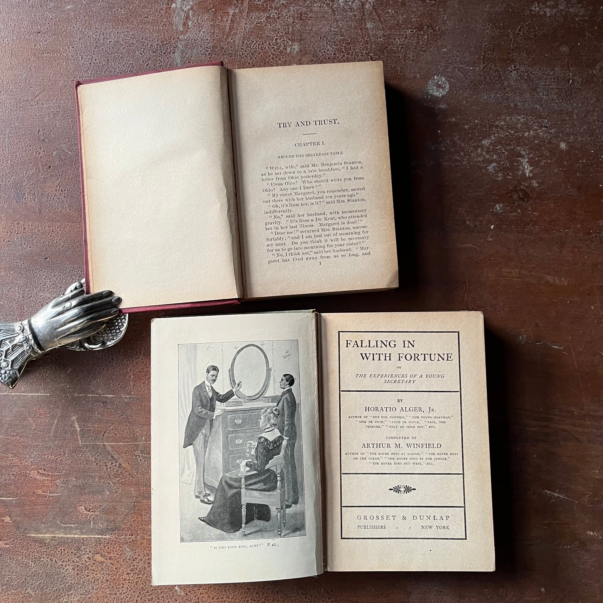 Pair of vintage children's chapter books written by Horatio Alger, Jr.:  Try & Trust & Falling in with Fortune - view of the title page of Falling in with Fortune