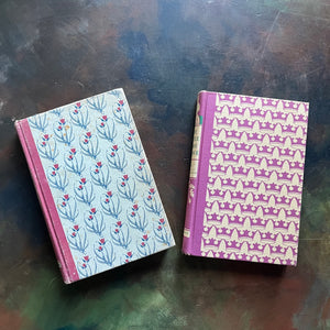 Pair of Illustrated Junior Library Editions Books-Little Lame Prince and the Story of a Brownie and Hans Brinker or the Silver Skates-collectible children's classics-view of the front covers with a repeating design representing each story a crown and flowers.