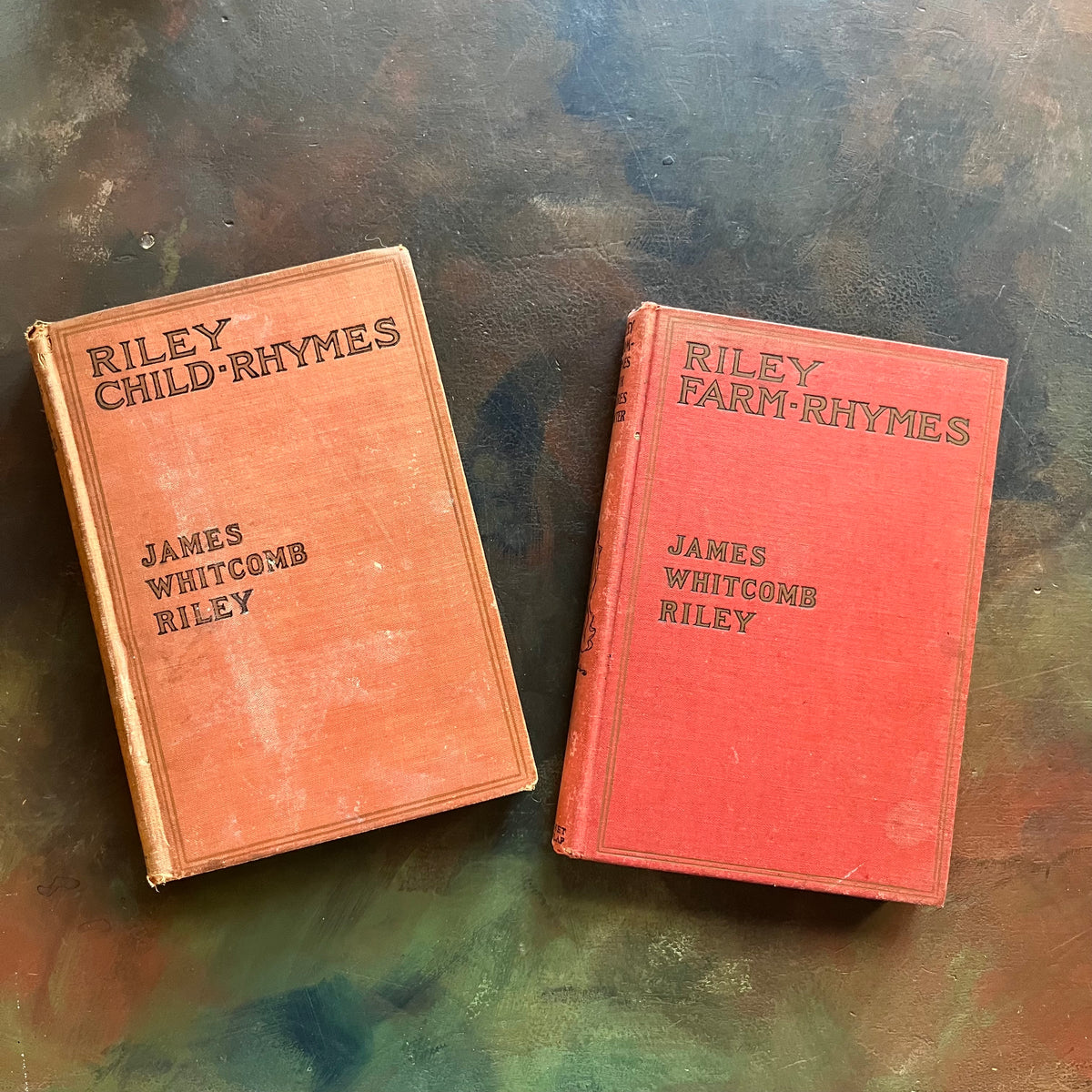 Pair of books written by James Whitcomb Riley-Child-Rhymes and Farm-Rhymes-vintage children's poetry-antique books of poetry-view of the front cover in orange and a dusty orange/red color