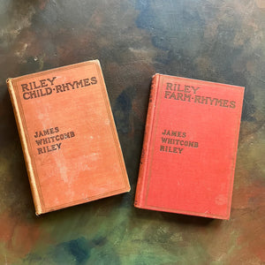 Pair of books written by James Whitcomb Riley-Child-Rhymes and Farm-Rhymes-vintage children's poetry-antique books of poetry-view of the front cover in orange and a dusty orange/red color