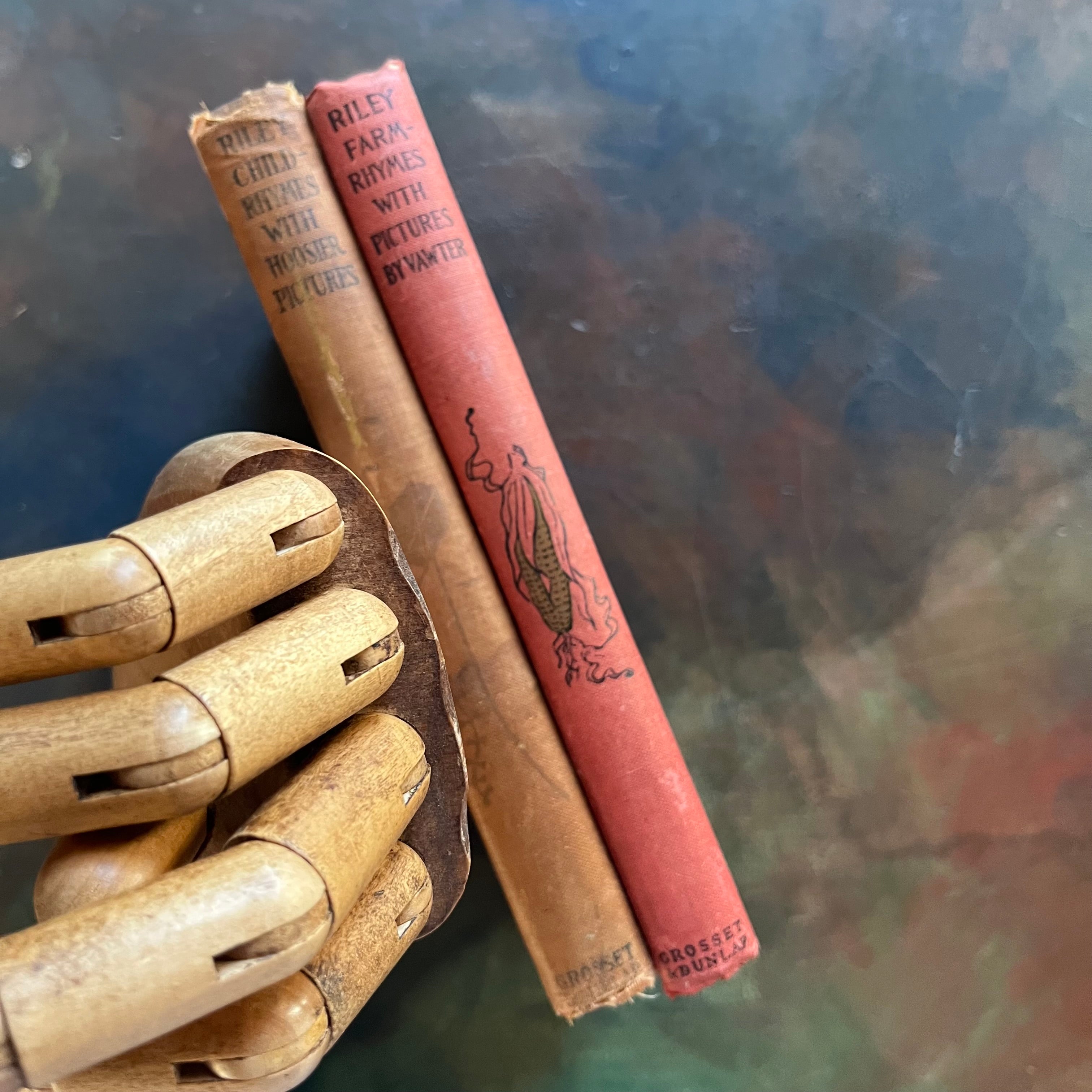 Pair of books written by James Whitcomb Riley-Child-Rhymes and Farm-Rhymes-vintage children's poetry-antique books of poetry-view of the spines