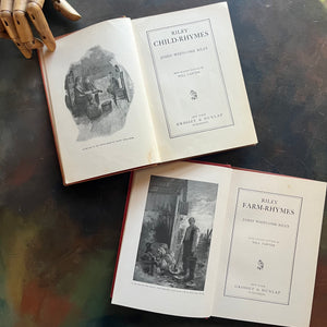 Pair of books written by James Whitcomb Riley-Child-Rhymes and Farm-Rhymes-vintage children's poetry-antique books of poetry-view of the title pages and frontispieces