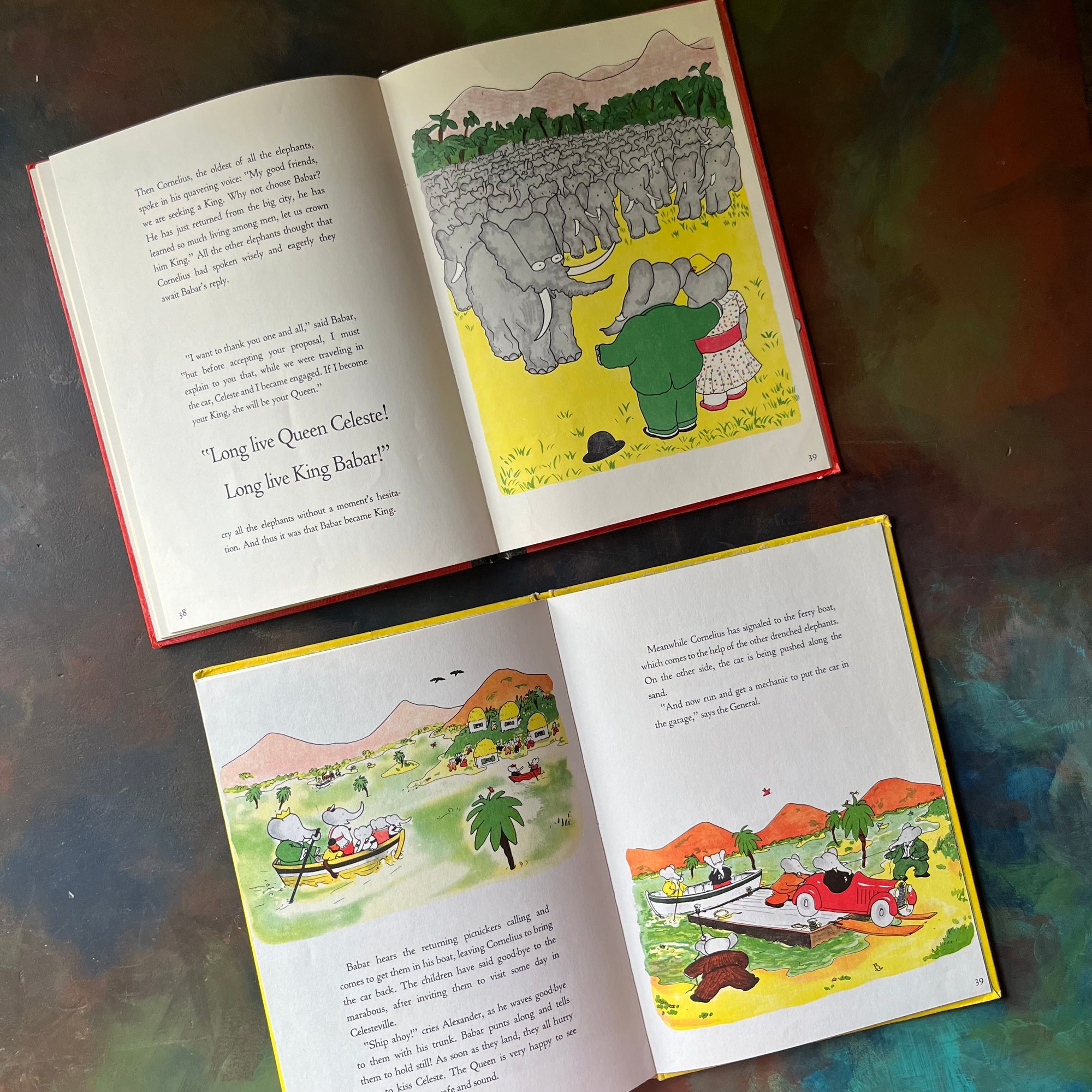 Pair of Jean de Brunhoff Babar Books-The Story of Babar The Little Elephant-Babar's Picnic by Laurent de Brunhoff-vintage children's picture books-view of the color illustrations