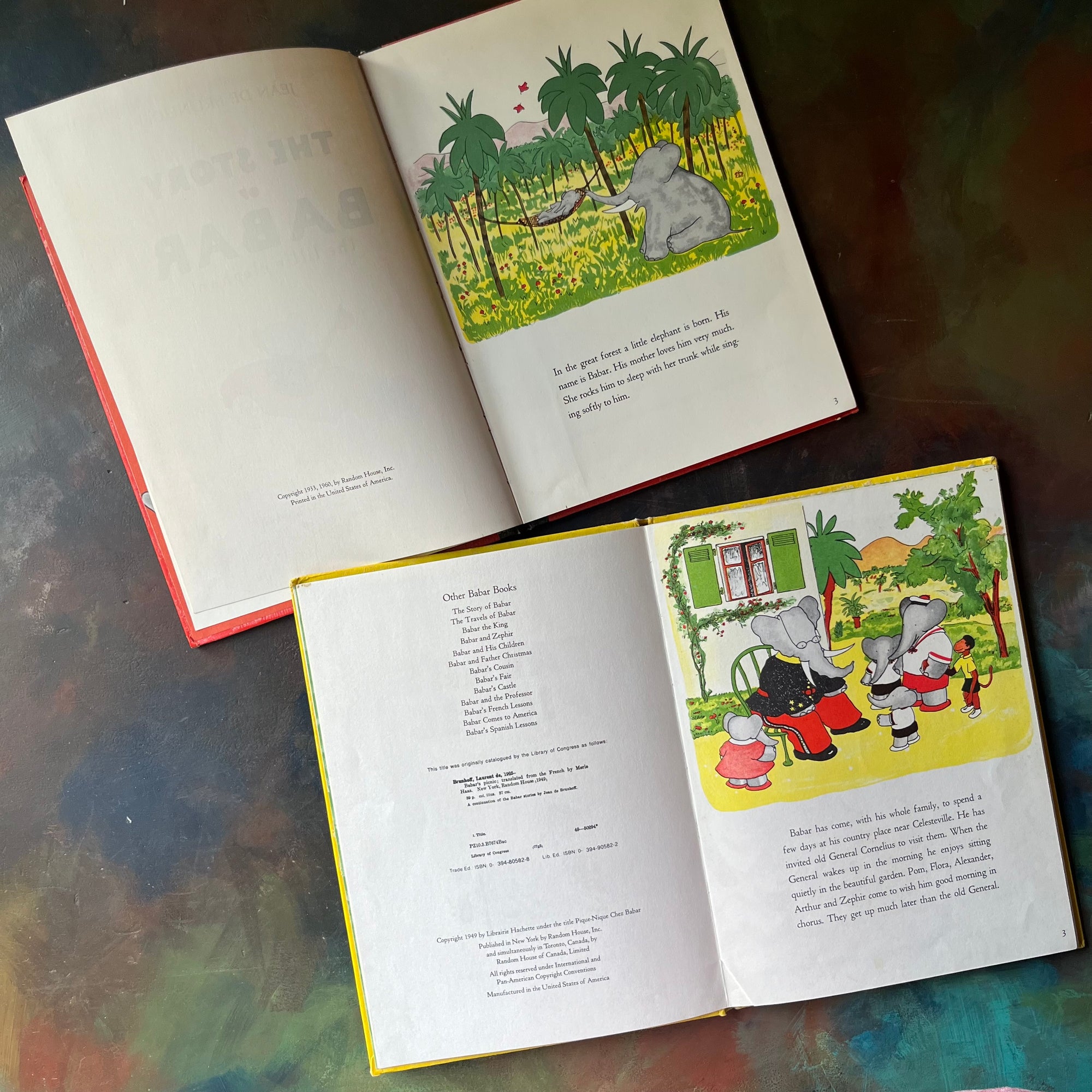 Pair of Jean de Brunhoff Babar Books-The Story of Babar The Little Elephant-Babar's Picnic by Laurent de Brunhoff-vintage children's picture books-view of the copyright pages