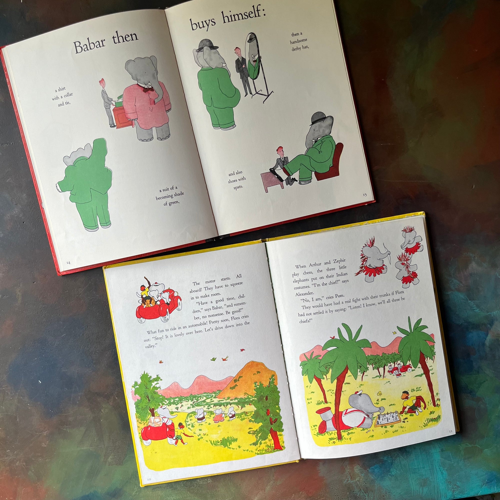 Pair of Jean de Brunhoff Babar Books-The Story of Babar The Little Elephant-Babar's Picnic by Laurent de Brunhoff-vintage children's picture books-view of the color illustrations 