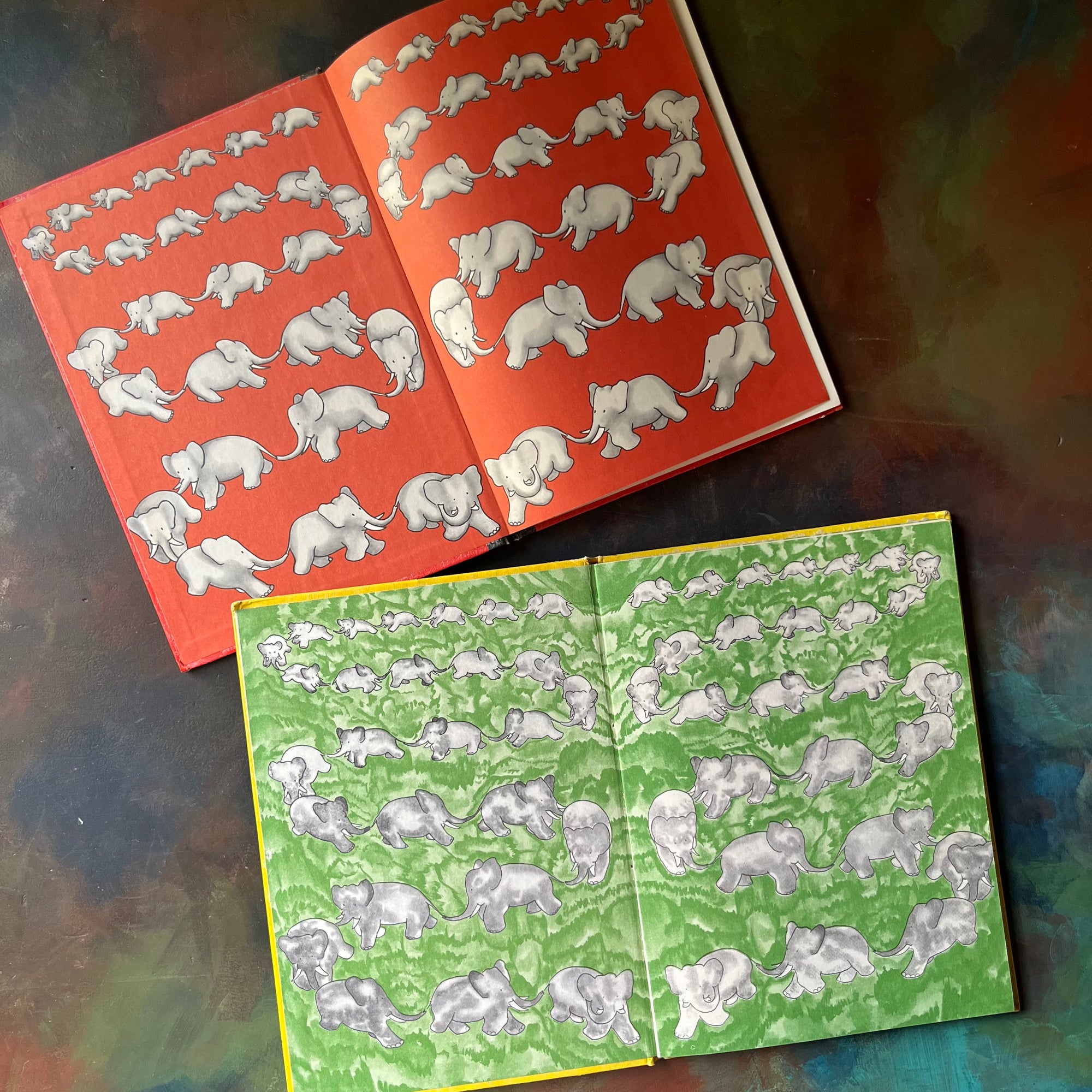 Pair of Jean de Brunhoff Babar Books-The Story of Babar The Little Elephant-Babar's Picnic by Laurent de Brunhoff-vintage children's picture books-view of the inside covers