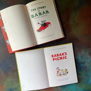 Pair of Jean de Brunhoff Babar Books-The Story of Babar The Little Elephant-Babar's Picnic by Laurent de Brunhoff-vintage children's picture books-view of the title pages