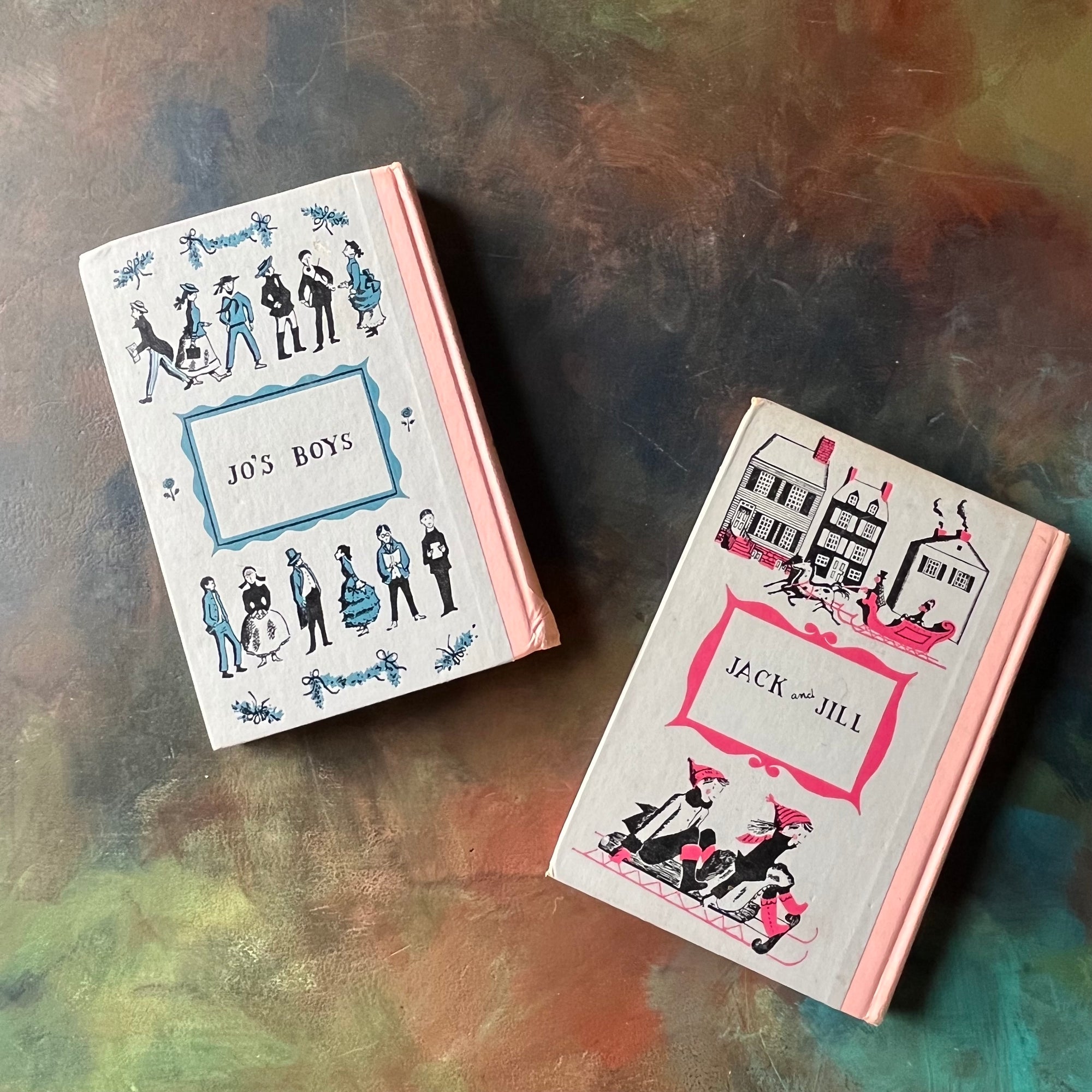 Pair of Junior Deluxe Editions written by Louisa May Alcott-Jack & Jill-Jo's Boys-vintage children's chapter books-view of the back covers
