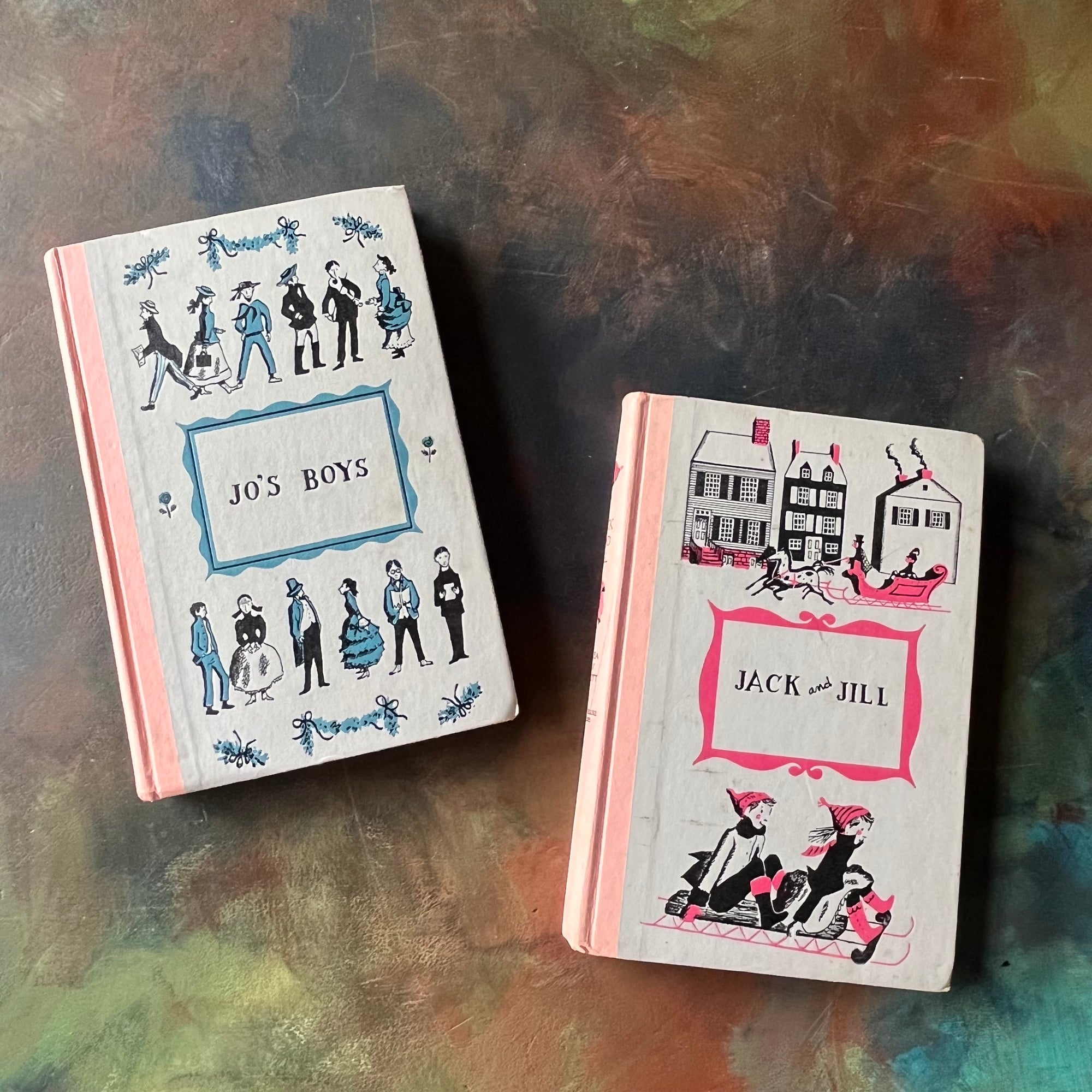 Pair of Junior Deluxe Editions written by Louisa May Alcott-Jack & Jill-Jo's Boys-vintage children's chapter books-view of the front covers