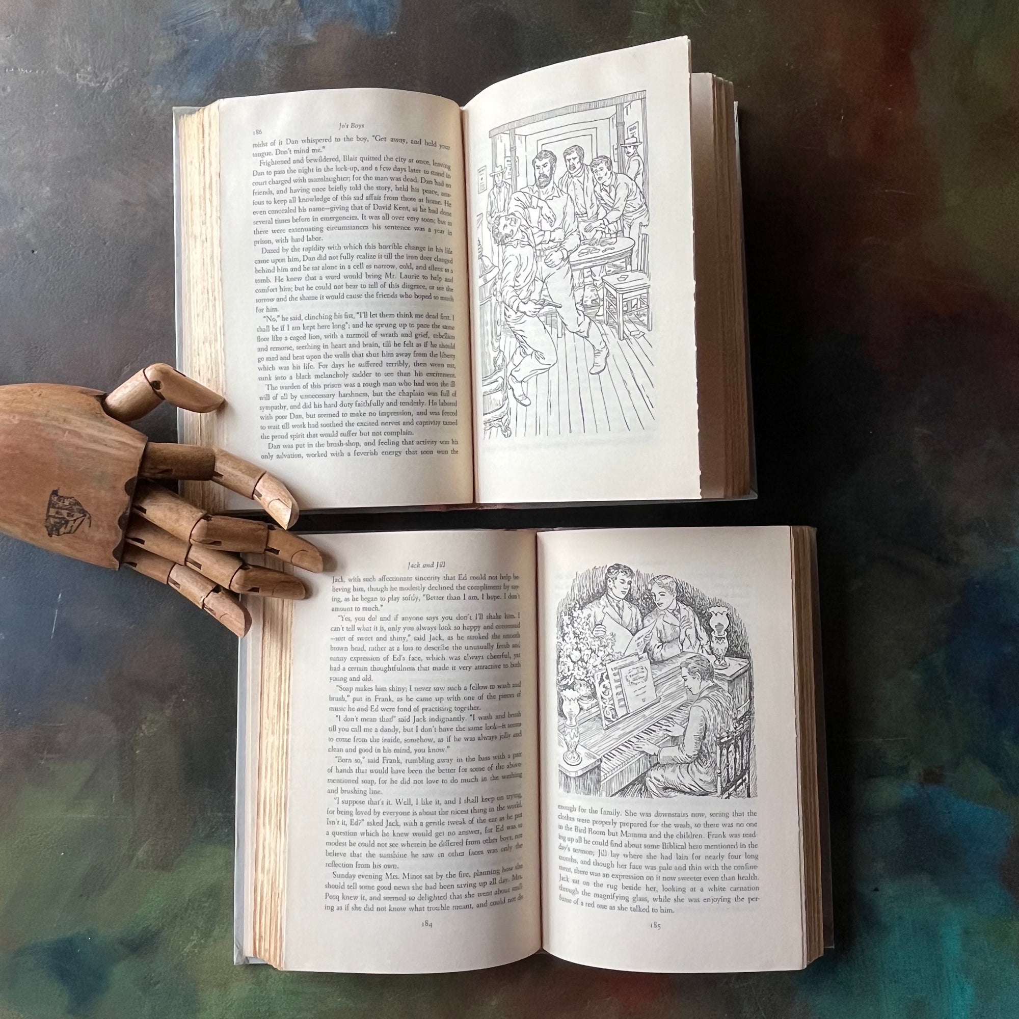 Pair of Junior Deluxe Editions written by Louisa May Alcott-Jack & Jill-Jo's Boys-vintage children's chapter books-view of the illustrations in black & white